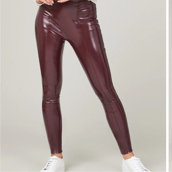 Womens New Spanx Faux Patent Leather Leggings in Ruby - Picture 1 of 11